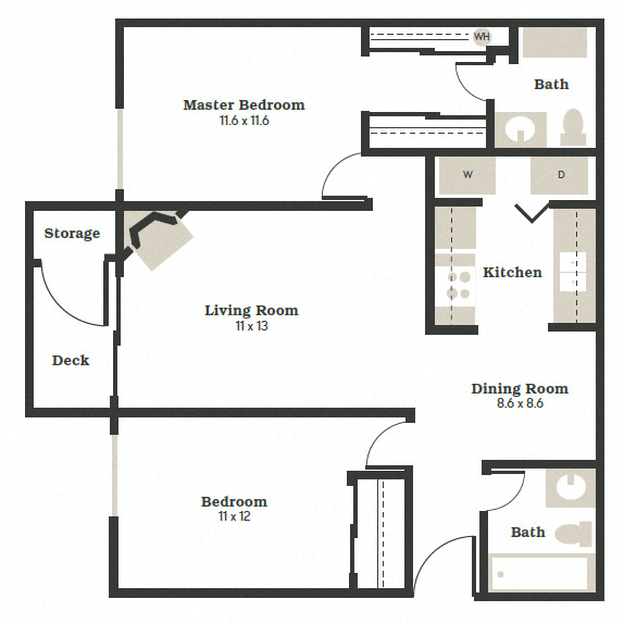 Floor plan for 2 beds, 2 baths, 932 sqft